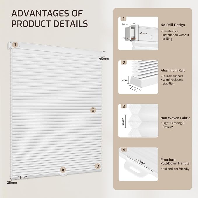 Grandekor No Drill No Tools Cordless Cellular Shades, 43.5" W x 48" H, Light - Image 9