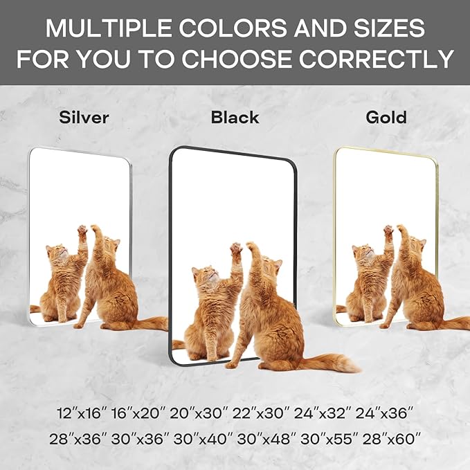 Wall Mount Mirror for Bathroom, Brushed Silver Metal Framed Rounded Corner - Image 7