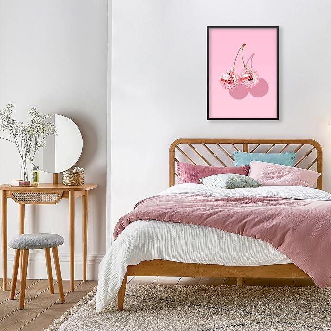 Funky Pink Cherry Poster Retro Disco Ball Canvas Wall Art 12X16 inch Black - Image 7