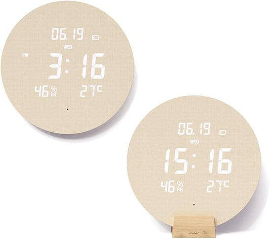 mooas Wood Moon Cordless Digital LED Wall Clock, Time Week Temperature & by mooas