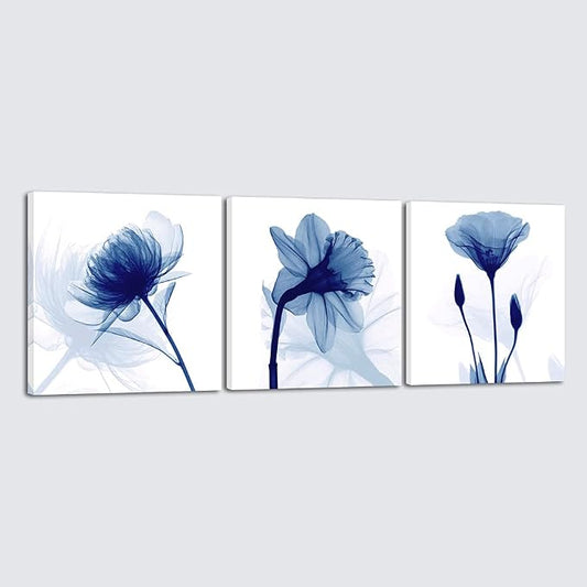 Wieco Art Blue Abstract Flowers 3 Panels Canvas Prints Wall Art Modern Pictures by WiecoArt