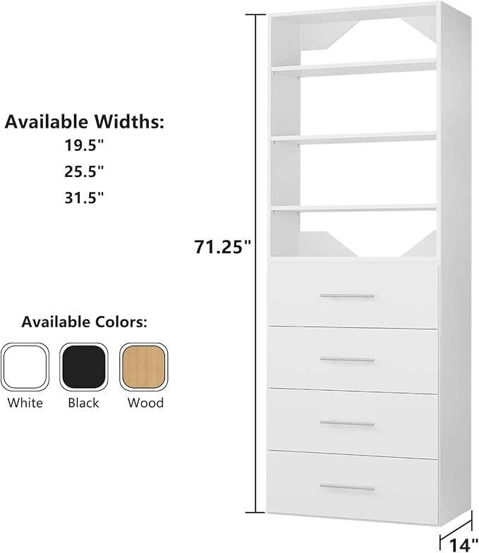 ROOMTEC Modular Closet System, 25.5" 4 Drawer Shelf Closet Tower Wall-Mounted - Image 7