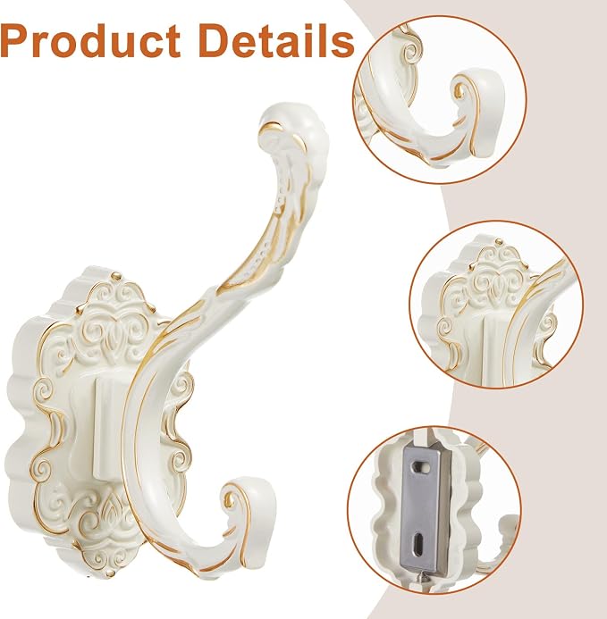 Zonon 8 Pcs White Wall Hooks Set Vintage Coat & Towel Hooks - Image 3
