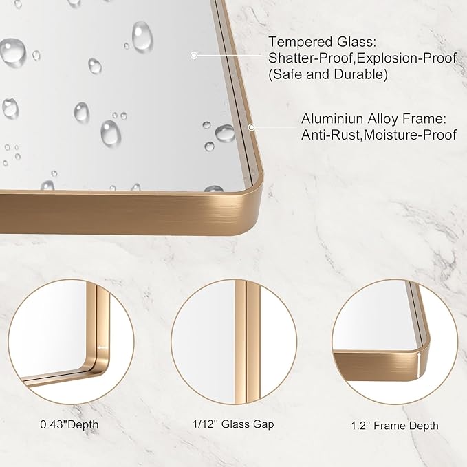 LOAAO 72”X36” Gold Bathroom Mirror, Rounded Rectangle Gold Frame Mirror - Image 5