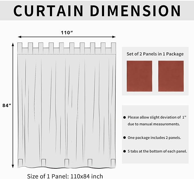Easy-Going Outdoor Patio Curtains Detachable Tab Top Windproof Weatherproof Curtain for Cabana, Porch, Pergola and Gazebo, Tab Bottom Drape, 2 Panels, 110W x 84L inch, Terra Red