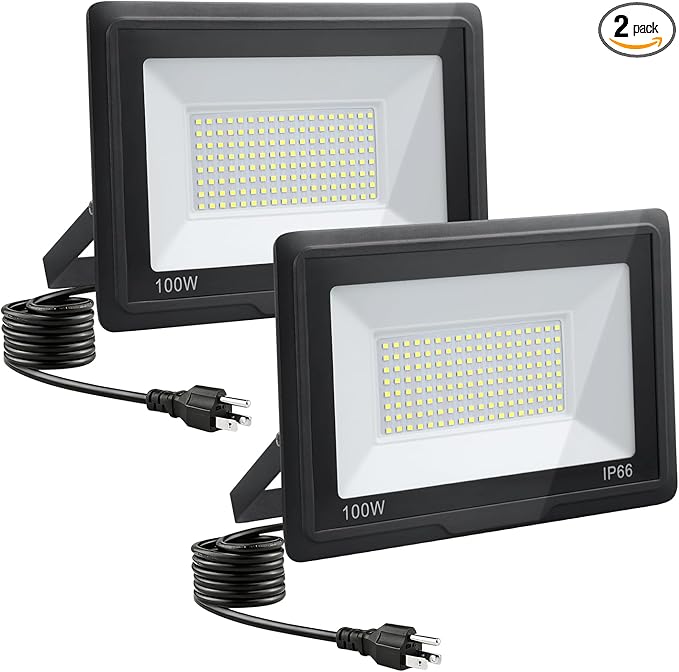 100W LED Flood Lights Outdoor, 2pack 10000lm Bright Led Work Light with Plug, 6500k Daylight White Outdoor LED Lights, IP66 Waterproof Patio Lighting