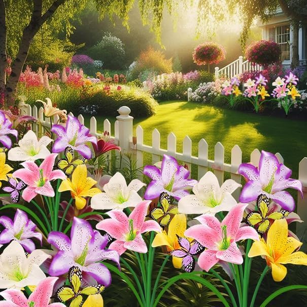 Solar Garden Lights 2 Pack with 8 lilies Outdoor Decorative flower Lights for Garden, Birthday Gift for family and Friends, IP65 Waterproof flower Solar Outdoor Stake Light for Yard Patio Lawn Pathway