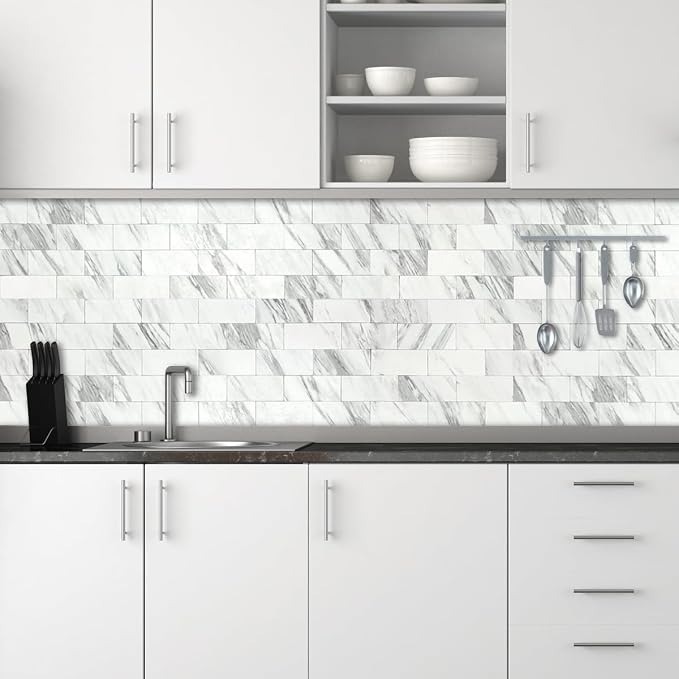 AULIGET 100-Piece White Marble Look Peel and Stick Backsplash Wall Tiles - Image 2