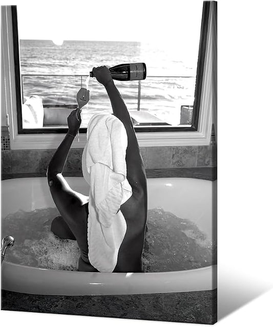 Trendy Black and White Posters Funny Woman Drinking Wine in Bathtub Wall Art by Acqooeakt