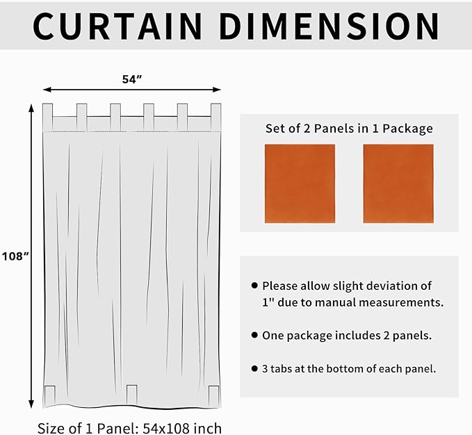 Easy-Going Outdoor Patio Curtains Detachable Tab Top Windproof Weatherproof Curtain for Cabana, Porch, Pergola and Gazebo, Tab Bottom Drape, 2 Panels, 54W x 108L inch, Orange