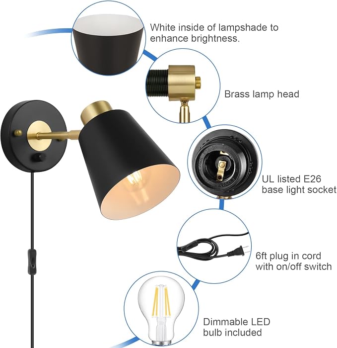 VATONI Plug in Wall Sconce, Dimmable Wall Sconce Adjustable Wall Lights - Image 2