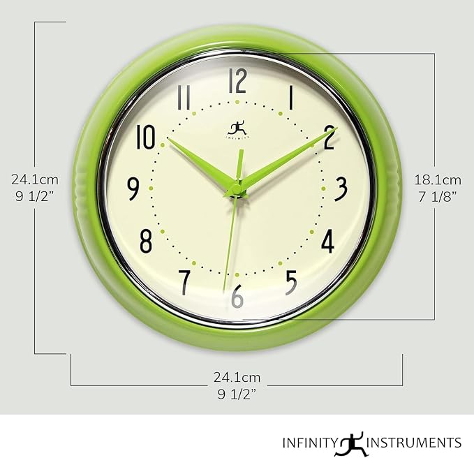 Infinity Instruments Retro Round Metal Wall Clock, Olive Green 9.5" - Image 2