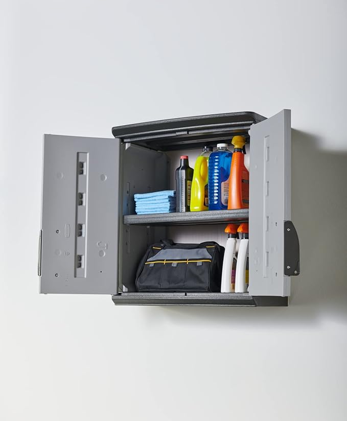 Rubbermaid Wall Mounted Storage Cabinet with Doors 150-Pound Capacity Gray Lockable Three-Shelf Cubbard for Tools/Car Accessories/Cleaning in Home/Garage/Outdoor Areas