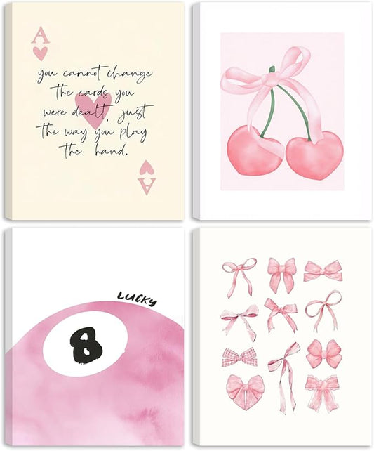 SEHSUVC Pink Coquette Y2K Lucky Wall Art Set of 4, Preppy Aesthetic Canvas by Unknown