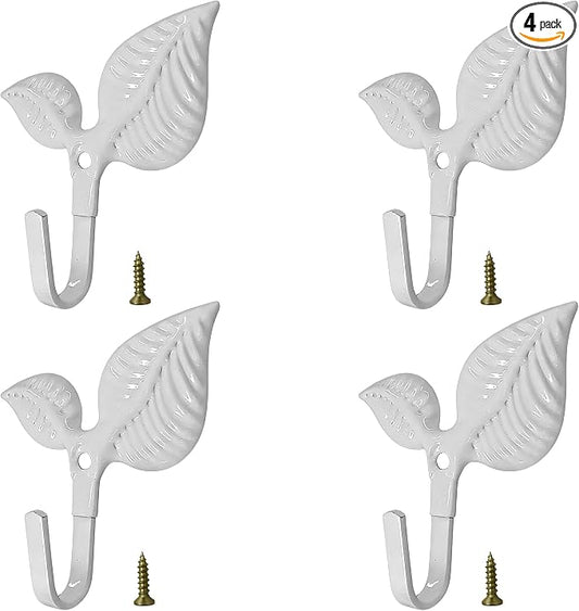 Set of 4 Vintage Leaf Wall Hooks White Metal Coat Hooks Heavy Duty Decorative by Unknown