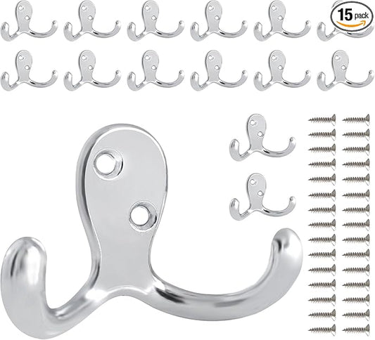15 Pack Coat Hooks Wall Hooks for Hanging, Heavy Duty Double Prong Metal Hook by CBWLWJ