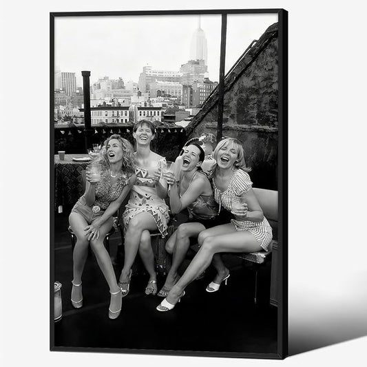 Retro Black And White Woman Black Framed Wall Art Fashion Rooftop Party Posters by FuSatisYilife
