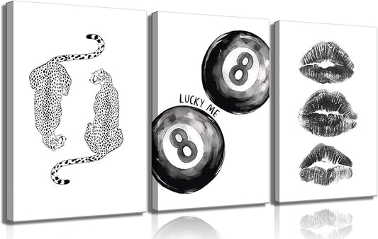 BOKPEN Trendy Black and White Leopard Canvas Wall Art, Funky Y2k Lucky 8 Ball by bokpen