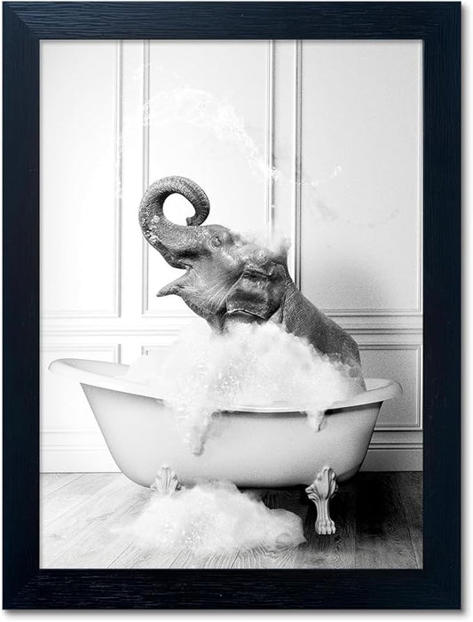 Framed Bathroom Art Wall Decor Elephant in Bathtub Decor Funny Black and White by Melpa+Art