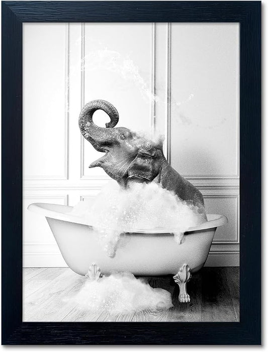 Framed Bathroom Decor Wall Art Elephant in Bathtub Pictures Wall Decor Funny by Melpa+Art