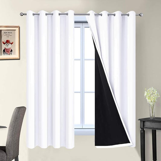 Yakamok White 100% Blackout Curtains, 2 Thick Layers Full Light Blocking by Yakamok