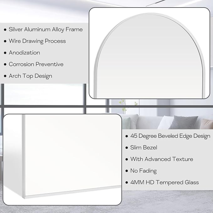 24" x 32" Silver Arched Mirror, Arch Wall Mirror, Metal Frame Black Bathroom - Image 3