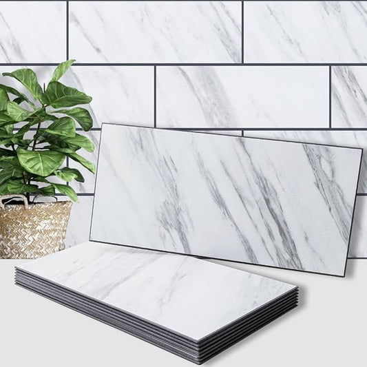 AULIGET 6" x 12" White Marble Peel and Stick Backsplash Wall Tiles, PVC Faux by AULIGET