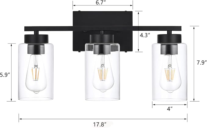 3-Light Bathroom Vanity Light, Modern Black Wall Lights - Image 2