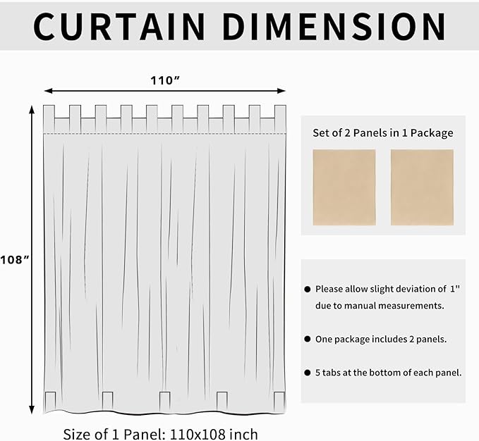 Easy-Going Outdoor Patio Curtains Detachable Tab Top Windproof Weatherproof Curtain for Cabana, Porch, Pergola and Gazebo, Tab Bottom Drape, 2 Panels, 110W x 108L inch, Beige