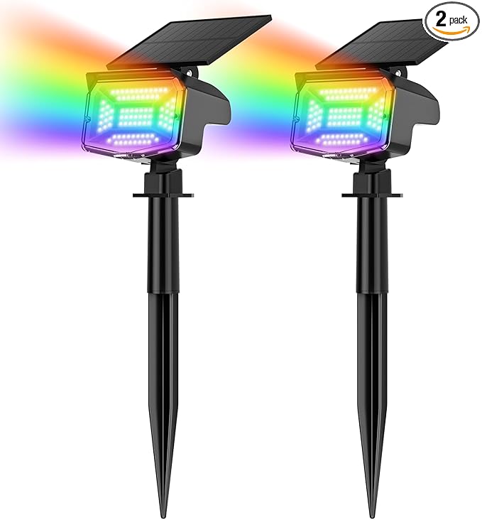 Solar Lights Outdoor Color Changing, 85 LEDs 9 Lighting Modes RGB Solar Outdoor Lights, IP67 Waterproof Multicolor Landscape Spotlights for Halloween Holiday Decorations (2 Pack)