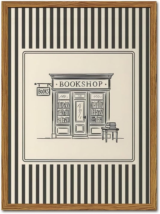Vintage Striped Bookshop Wall Art, Retro Black and White Pictures Wall Decor by YYNISPINWallArt