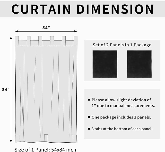 Easy-Going Outdoor Patio Curtains Detachable Tab Top Windproof Weatherproof Curtain for Cabana, Porch, Pergola and Gazebo, Tab Bottom Drape, 2 Panels, 54W x 84L inch, Black
