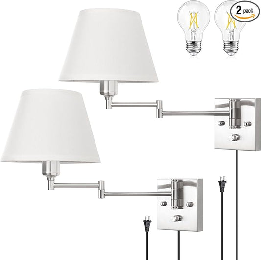 TRLIFE Wall Sconce Plug in, Dimmable Wall Sconces Set of 2 Brushed Nickel Swing by TRLIFE