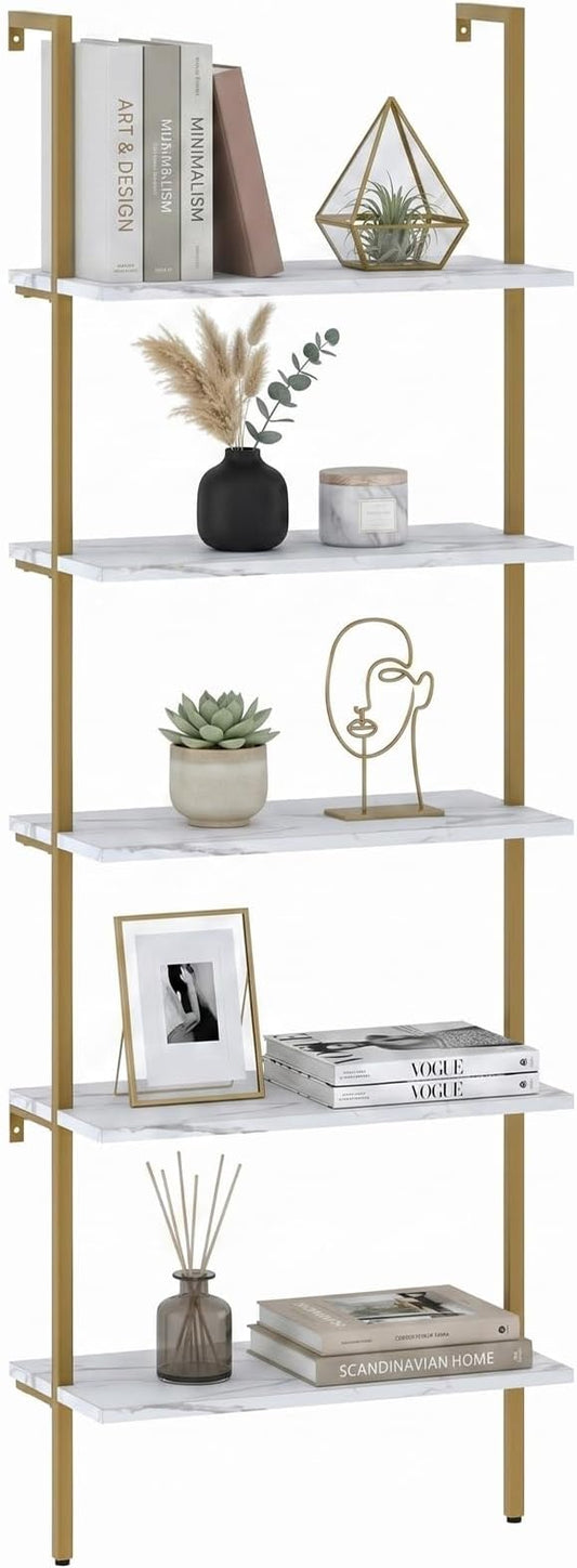 aboxoo Ladder Shelf White Marble Bookshelf 5-Tier Wall-Mounted Wood Rack by aboxoo