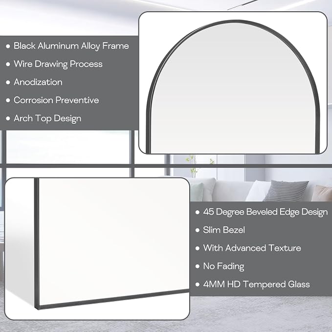 30" x 48" Black Arched Mirror, Arch Wall Mirror, Metal Frame Black Bathroom - Image 4