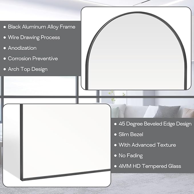 28" x 36" Black Arched Mirror, Large Arch Bathroom Wall Mirror, Metal Frame - Image 4