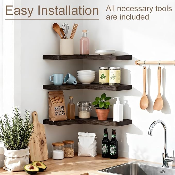 Floating Corner Shelves Set of 3, Solid Wood Picture Wall Shelf, Floating - Image 6