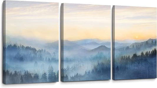 Wall Decor for Bedroom 3 Panel Sunrise Misty Forest Print Picture Paintings by YJYart