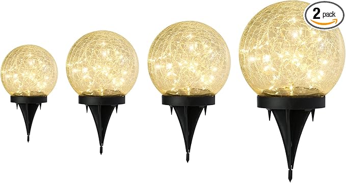 Outdoor Waterproof IP65 Solar Globe Lights, Led Solar Light Balls for Lawn Garden Patio Table Art Decoration, Yard Landscape Illuminated Cracked Glass Sphere Gazing Ball Lights, Round Ornaments Orbs