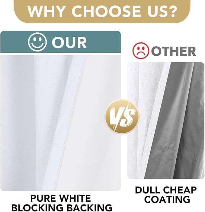 H.VERSAILTEX Linen Blackout Curtains 63 Inches Long 100% Blackout Thermal Insulated Textured Linen Look Curtain Draperies Anti-Rust Grommet, Energy Saving with White Liner, 2 Panels, Bright White