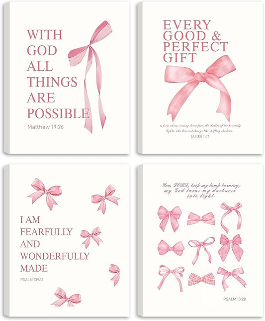 SEHSUVC Coquette Pink Bow Bible Verse Wall Art Set of 4, Christian Scripture by Unknown