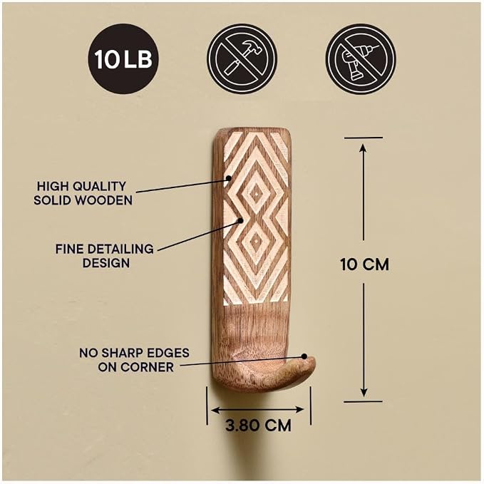 IndianShelf 10 LB- 12 Pieces Decorative Wood Adhesive Wall Hooks–Boho Peel and - Image 7