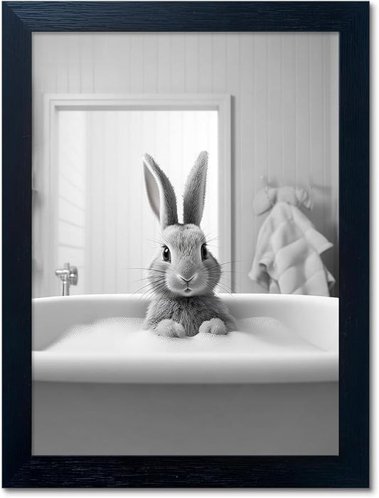 Kids Bathroom Wall Art Black and White Cute Animal Canvas Print Painting Funny by Melpa+Art