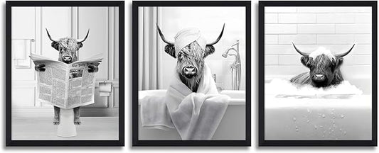 KBKBART Funny Highland Cow Wall Art Set of 3, Rustic Farmhouse Bathroom Cow by KBKBART