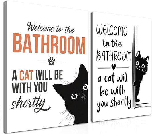 MUWAK Funny Welcome to the Bathroom Slogan Wall Art Set of 2 – Cat will Be by MUWAKWallArt