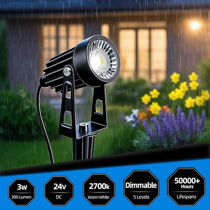 All-in-One Low Voltage Landscape Lighting, Dusk to Dawn Transformer Timer, Waterproof Spotlights, Dimmable LED Outdoor Landscaping Lights Kit for Yard Backyard Tree House 24V Warm White 4 Pack