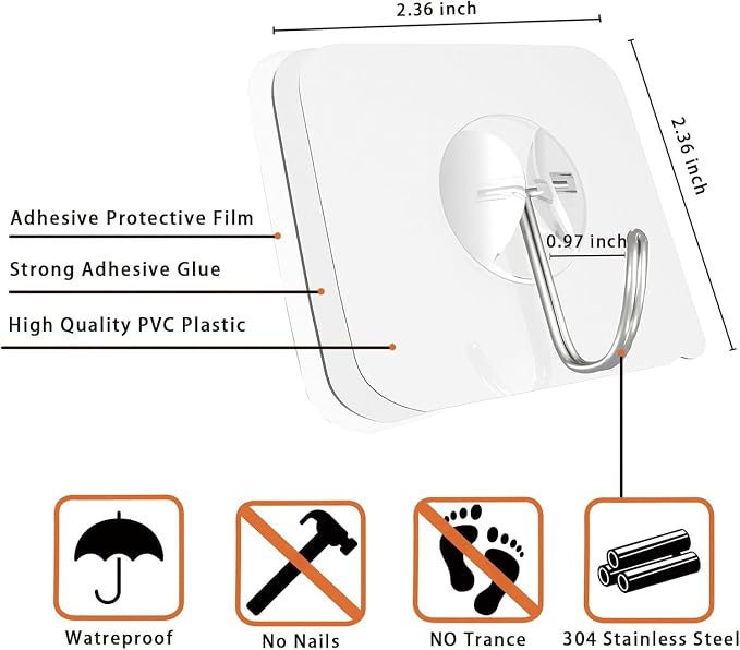 Latoxcaa Heavy Duty Adhesive Hooks 30-Pack: Holds 22lb, Strong Reusable & - Image 4