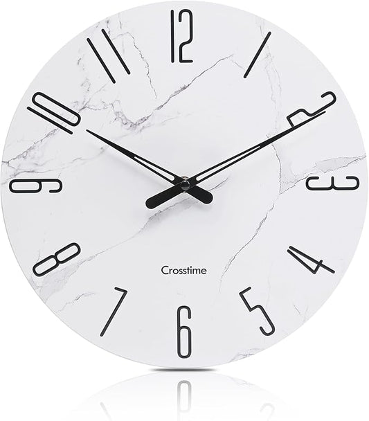 Crosstime Wall Clock White Marble Theme Modern Decorative Waterproof Glass Clock by CrosstimeWallClockPracticalElegant