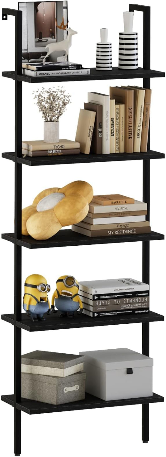 aboxoo Ladder Shelf Open 5-Tier Bookshelf Wall-Mounted Black Wood Bookcase by aboxoo