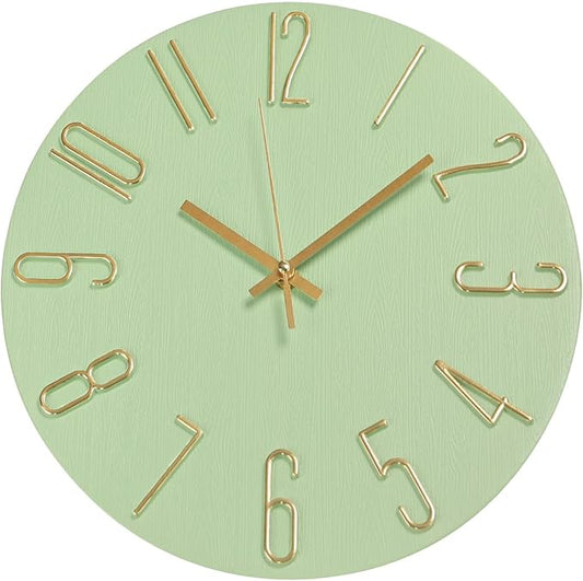 Wall Clock 12 Inch Silent Non-Ticking Imitation Wood Indoor Clock Round Green by BAKBRAND